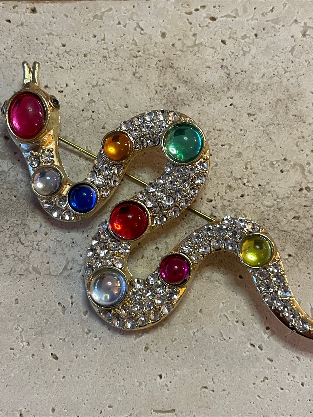 Bloomingdale’s Large Crystal Snake Brooch Pin Multicolor Cabochon Gold Tone